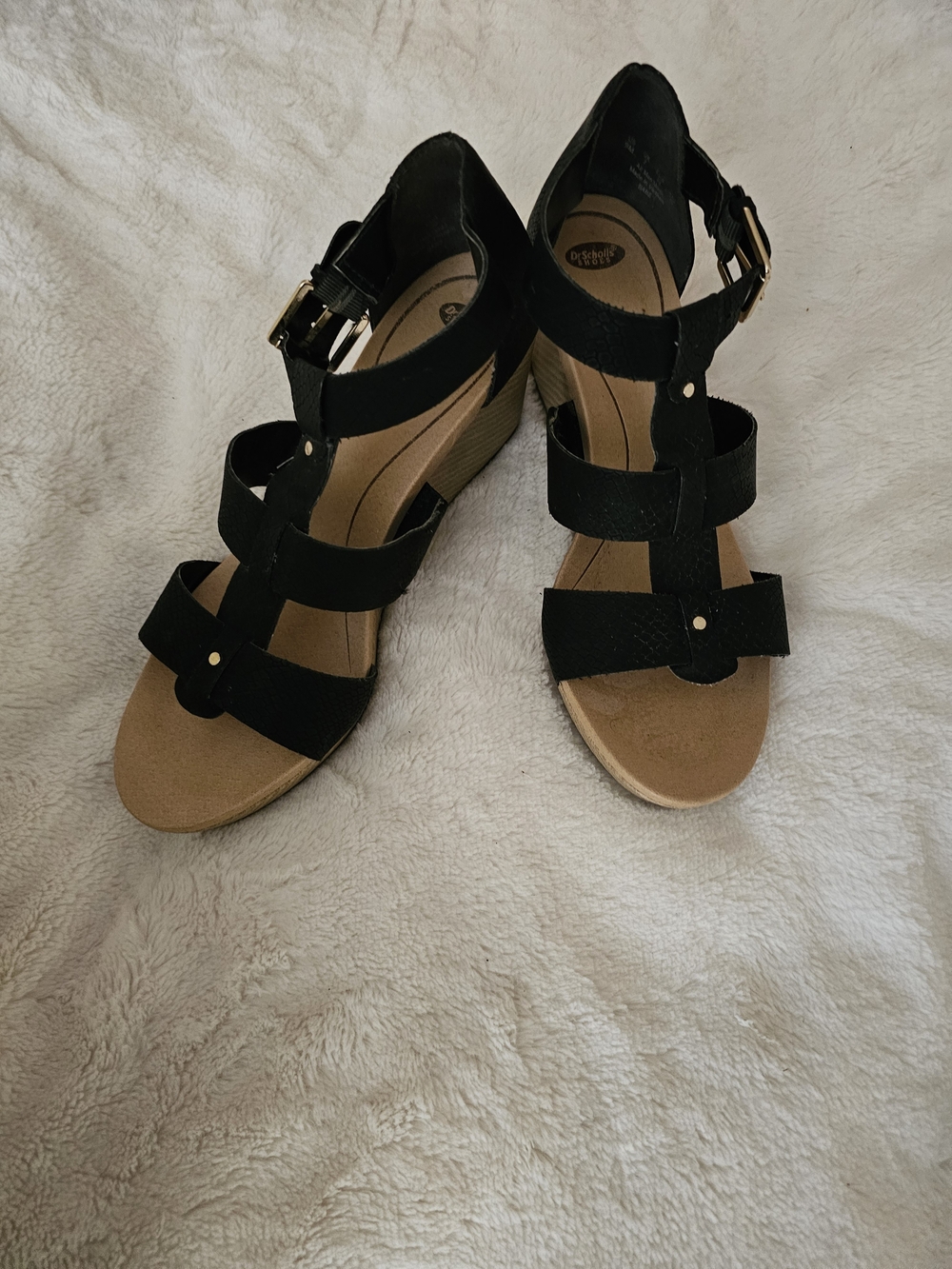 Dr. Scholl's Black Strappy Wedge Sandals with Tan Footbed